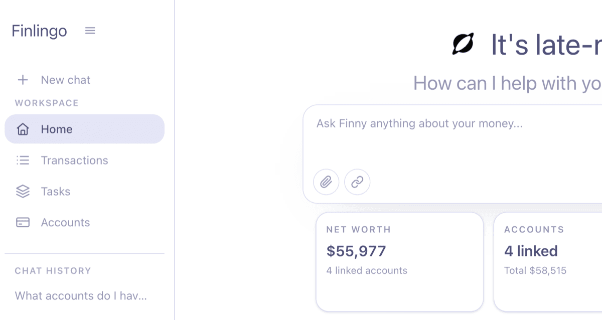 Finlingo web app sidebar and home dashboard